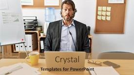  Presentation with call center - Presentation having handsome-middle-age-man-wearing background and a coral colored foreground