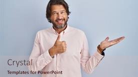  Presentation with hand palm - PPT theme with handsome-middle-age-man-wearing background and a soft green colored foreground