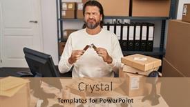  Presentation with working - PPT layouts with handsome-middle-age-man-working background and a coral colored foreground