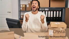  Presentation with success business - Presentation design enhanced with handsome-middle-age-man-working background and a coral colored foreground