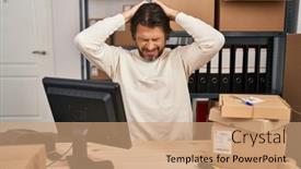  Presentation with headache - PPT theme enhanced with handsome-middle-age-man-working background and a coral colored foreground