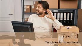  Presentation with ear - PPT layouts having handsome-middle-age-man-working background and a coral colored foreground