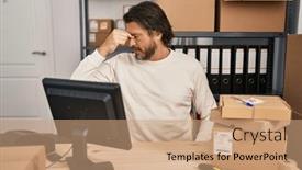  Presentation with headache - PPT theme having handsome-middle-age-man-working background and a  colored foreground