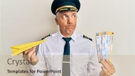  Presentation with paper news print pile newspapers - Presentation theme featuring handsome-middle-age-mature-pilot background and a soft green colored foreground