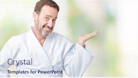  Presentation with kimono - Audience pleasing PPT theme consisting of handsome middle age senior man wearing kimono uniform over isolated background smiling cheerful presenting and pointing with palm of hand looking at the camera backdrop and a sky blue colored foreground