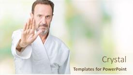  Presentation with hand palm - Audience pleasing theme consisting of handsome-middle-age-senior-man backdrop and a soft green colored foreground