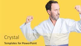  Presentation with senior fitness - Slide set consisting of handsome middle age senior man wearing kimono uniform over isolated background showing arms muscles smiling proud fitness concept background and a yellow colored foreground