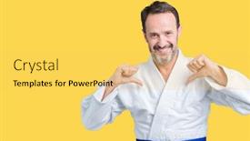  Presentation with kimono - Colorful slide deck enhanced with handsome middle age senior man wearing kimono uniform over isolated background looking confident with smile on face pointing oneself with fingers proud and happy backdrop and a yellow colored foreground