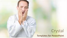  Presentation with sadness - PPT theme featuring handsome middle age senior man wearing kimono uniform over isolated background tired hands covering face depression and sadness upset and irritated for problem background and a soft green colored foreground