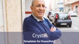  Presentation with man looking up happy - Audience pleasing PPT theme consisting of handsome middle age senior man backdrop and a ocean colored foreground