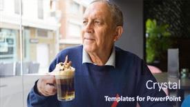  Presentation with restaurante - PPT layouts with handsome middle age senior man drinking coffee at restaurante smiling happy enjoying and relaxing retirement background and a navy blue colored foreground