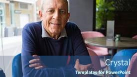  Presentation with restaurante - Amazing theme having handsome middle age senior man drinking coffee at restaurante smiling happy enjoying and relaxing retirement backdrop and a ocean colored foreground