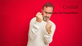  Presentation with fight - Colorful slide deck enhanced with handsome middle age senior man with grey hair over isolated red background ready to fight with fist defense gesture angry and upset face afraid of problem backdrop and a dark gray colored foreground