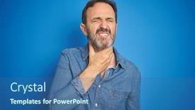  Presentation with sore throat - Beautiful presentation design featuring handsome middle age senior man with grey hair over isolated blue background touching painful neck sore throat for flu clod and infection backdrop and a ocean colored foreground