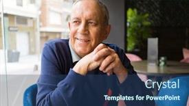  Presentation with restaurante - Slide deck with handsome middle age senior man drinking coffee at restaurante smiling happy enjoying and relaxing retirement background and a ocean colored foreground