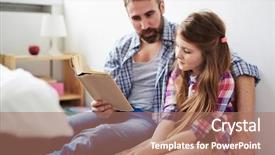  Presentation with tale - Amazing slide deck having handsome middle-aged father hugging his teenage daughter and reading exciting fairy-tale to her they sitting on floor against white wall backdrop and a coral colored foreground