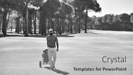  Presentation with course - Presentation theme enhanced with handsome middle eastern golf player carrying and bag and walking at course on beautiful sunset background and a light gray colored foreground