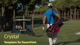  Presentation with course - PPT theme featuring handsome middle eastern golfer carrying bag and walking to next hole at golf course background and a tawny brown colored foreground