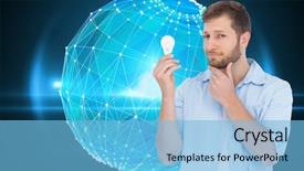  Presentation with composite - PPT theme consisting of handsome model holding a bulb background and a light blue colored foreground
