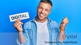  Presentation with muscle - Presentation theme featuring handsome-muscle-man-holding-digital background and a light blue colored foreground