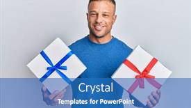  Presentation with muscle - Presentation design consisting of handsome-muscle-man-holding-gifts background and a teal colored foreground