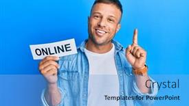  Presentation with question word - Colorful PPT layouts enhanced with handsome-muscle-man-holding-online backdrop and a light blue colored foreground