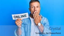  Presentation with muscle - Cool new slide set with handsome-muscle-man-holding-online backdrop and a light blue colored foreground