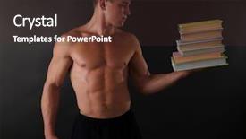  Presentation with muscle - PPT theme enhanced with handsome muscle young man handing books on dark background background and a tawny brown colored foreground