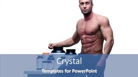 Presentation with sports nutrition - Beautiful theme featuring handsome muscular man leaning on the table with sports nutrition backdrop and a ocean colored foreground