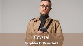  Presentation with man holding phone - Presentation design consisting of handsome-pensive-man-wearing-stylish background and a coral colored foreground