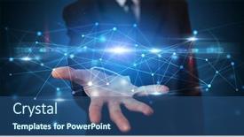  Presentation with cloud based - Colorful PPT theme enhanced with handsome person holding hologram screen displaying modern cloud based web system technology backdrop and a ocean colored foreground