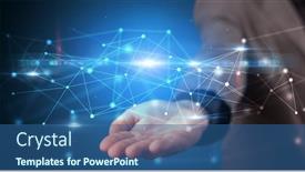  Presentation with cloud based - Slides with handsome person holding hologram screen displaying modern cloud based web system technology background and a ocean colored foreground