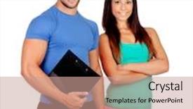  Presentation with trainer - Amazing PPT theme having handsome personal trainer with a attractive girl isolated on a white background backdrop and a coral colored foreground