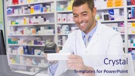  Presentation with hospital pharmacy - Beautiful PPT theme featuring handsome pharmacist scanning medicine box at the hospital pharmacy backdrop and a sky blue colored foreground