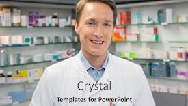  Presentation with hospital pharmacy - Presentation theme featuring handsome pharmacist smiling at camera at the hospital pharmacy background and a light gray colored foreground
