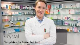  Presentation with hospital pharmacy - Amazing slides having handsome pharmacist smiling at camera at the hospital pharmacy backdrop and a light gray colored foreground