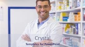  Presentation with hospital pharmacy - Presentation theme enhanced with handsome pharmacist smiling at camera at the hospital pharmacy background and a sky blue colored foreground