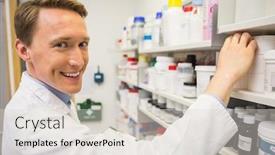  Presentation with hospital pharmacy - Amazing slide deck having handsome pharmacist taking medicine from shelf at the hospital pharmacy backdrop and a lemonade colored foreground