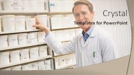  Presentation with hospital pharmacy - Theme with handsome pharmacist taking medicine from shelf at the hospital pharmacy background and a lemonade colored foreground