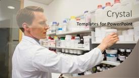  Presentation with hospital pharmacy - Cool new PPT layouts with handsome pharmacist taking medicine from shelf at the hospital pharmacy backdrop and a soft green colored foreground