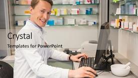  Presentation with hospital pharmacy - Presentation design with handsome pharmacist using the computer at the hospital pharmacy background and a soft green colored foreground