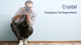  Presentation with color - Presentation with handsome photographer near color wall background and a sky blue colored foreground