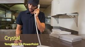  Presentation with pizza delivery - Slide deck having handsome pizza delivery man taking background and a tawny brown colored foreground