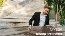  Presentation with book stairs - Beautiful theme featuring handsome-pleased-businessman-in-earphones backdrop and a violet colored foreground