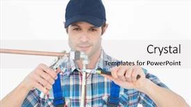  Presentation with pipe - Cool new slides with handsome plumber fixing pipe over white background backdrop and a light gray colored foreground