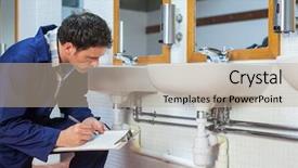  Presentation with public - Cool new PPT layouts with handsome plumber looking at sink holding clipboard in public bathroom backdrop and a mint green colored foreground