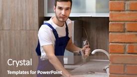  Presentation with plumber - PPT theme with handsome plumber replacing faucet background and a coral colored foreground