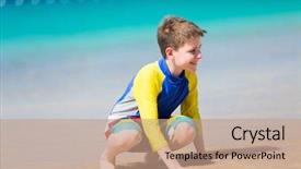  Presentation with teen - Theme enhanced with handsome pre-teen age boy playing with sand at tropical beach on summer vacation background and a coral colored foreground
