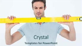  Presentation with spirit - Presentation theme with handsome repairman holding spirit level over white background background and a sky blue colored foreground