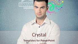  Presentation with sales - PPT theme having handsome sales person standing in front of a blue urban concrete wall with illustration expressing creativity by transforming white lines to colorful arrows cocncept background and a sky blue colored foreground